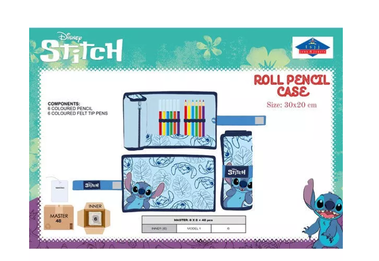 Trousse Enroulable Stitch Bleu avec 6 Feutres et 6 Crayons 30 x 20 Cm