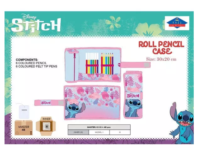 Trousse Enroulable Stitch Rose avec 6 Feutres et 6 Crayons 30 x 20 Cm